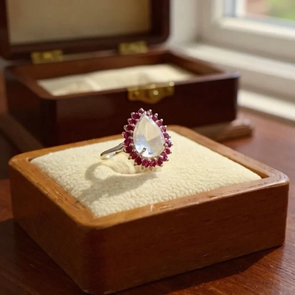 Celestial Halo: Pear-Cut Rainbow Moonstone and Ruby Cluster Ring Size 6 New